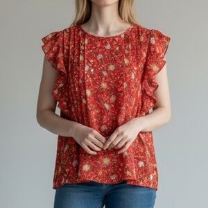 Counterparts Red Floral Ruffle Blouse
